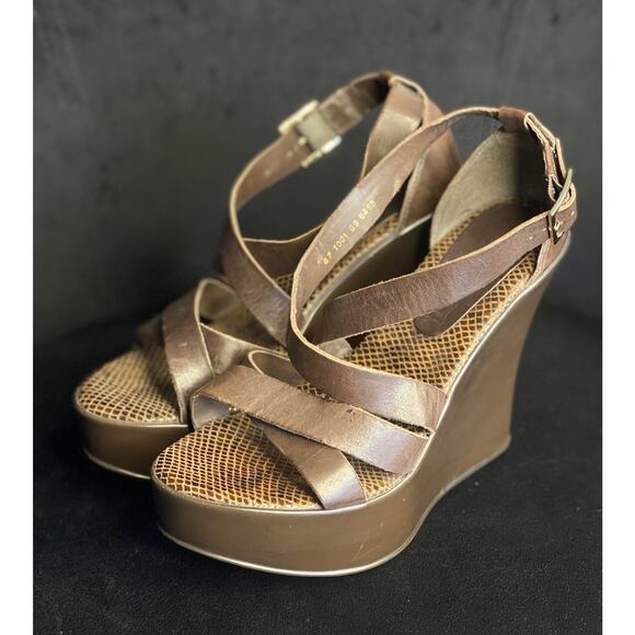 Cathy Jean Women’s Brown Open Toe Adjustable Leather Strap 5” Wedge Sandles - Picture 1 of 10